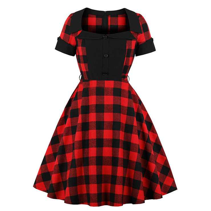 Vintage Red and Black Plaid Pattern Turn Down Collar Short Sleeves High Waist Midi Swing Dress N18342