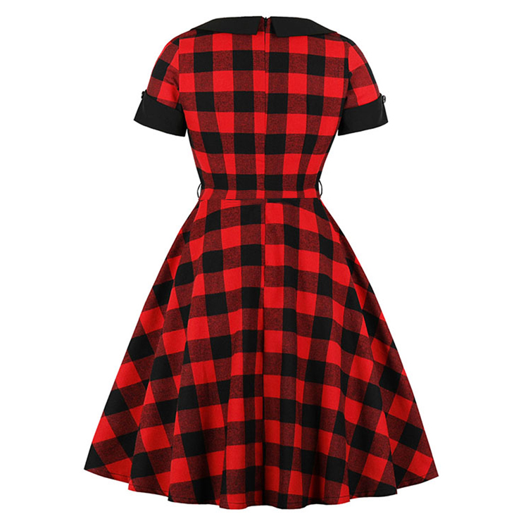 Red and Black Plaid Pattern Dress, Vintage Dresses for Women, Sexy Dresses for Women Cocktail Party, Vintage High Waist Dress, Short Sleeves Swing Daily Dress, Vintage Plaid Printed Swing Dress, #N18342