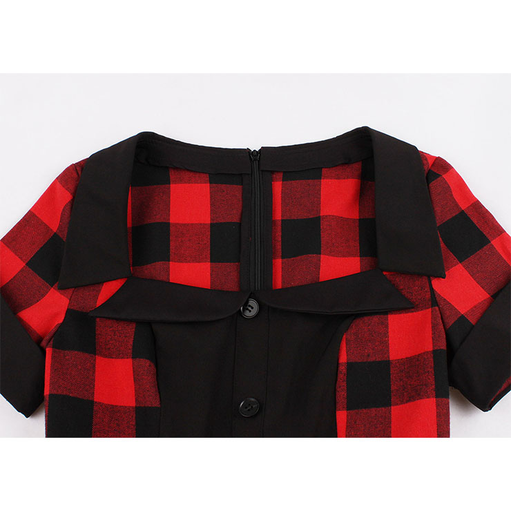 Red and Black Plaid Pattern Dress, Vintage Dresses for Women, Sexy Dresses for Women Cocktail Party, Vintage High Waist Dress, Short Sleeves Swing Daily Dress, Vintage Plaid Printed Swing Dress, #N18342