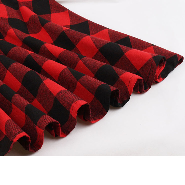 Red and Black Plaid Pattern Dress, Vintage Dresses for Women, Sexy Dresses for Women Cocktail Party, Vintage High Waist Dress, Short Sleeves Swing Daily Dress, Vintage Plaid Printed Swing Dress, #N18342
