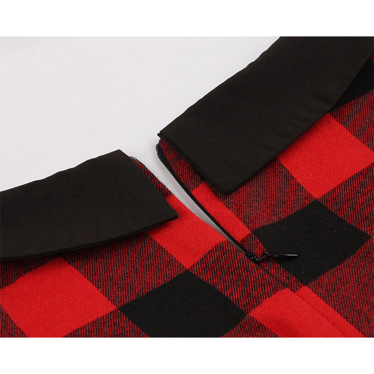Red and Black Plaid Pattern Dress, Vintage Dresses for Women, Sexy Dresses for Women Cocktail Party, Vintage High Waist Dress, Short Sleeves Swing Daily Dress, Vintage Plaid Printed Swing Dress, #N18342
