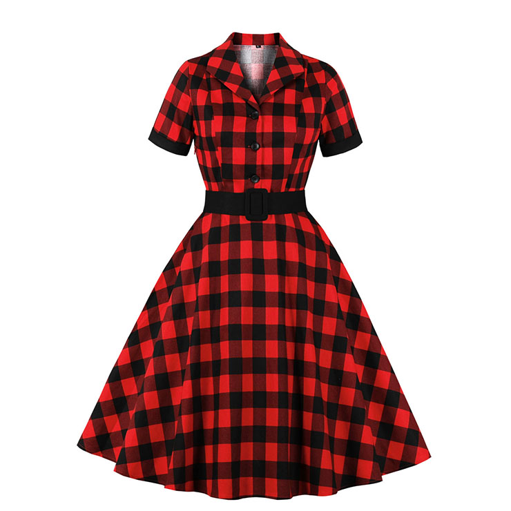 Retro Red and Black Plaid Pattern Lapel Short Sleeves High Waist Swing Dress With Belt N20926