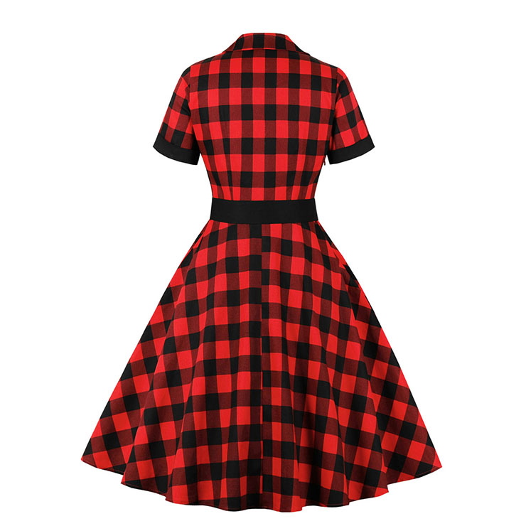 Red and Black Plaid Pattern Dress, Vintage Dresses for Women, Sexy Dresses for Women Cocktail Party, Vintage High Waist Dress, Short Sleeves Swing Daily Dress, Vintage Plaid Printed Swing Dress, #N20926