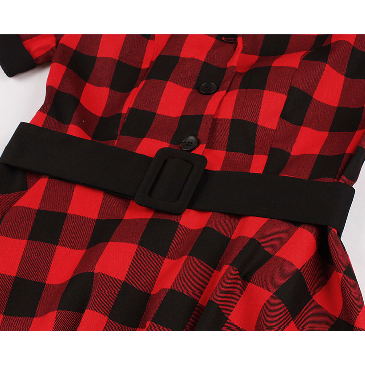 Red and Black Plaid Pattern Dress, Vintage Dresses for Women, Sexy Dresses for Women Cocktail Party, Vintage High Waist Dress, Short Sleeves Swing Daily Dress, Vintage Plaid Printed Swing Dress, #N20926