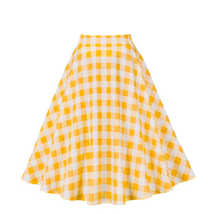 Women's Clothing Plaid Big Swing Ruffle Skirt Vintage High Waist Midi Skirt HG23421