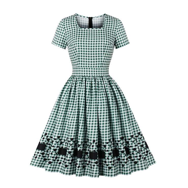Vintage Square Neckline Short Sleeve Gingham Cotton High Waist Daily Casual A-line Dress N21585