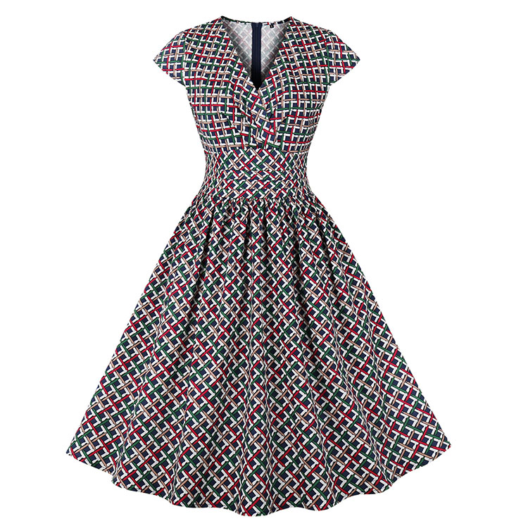 Vintage Plaid V Neck Zipper  Short Sleeve High Waist Summer Daily Swing Dress N22836