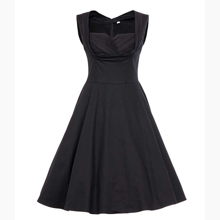 Vintage Women Black Pleated Sweetheart Neckline Sleeveless Midi A-Line Dress N18131