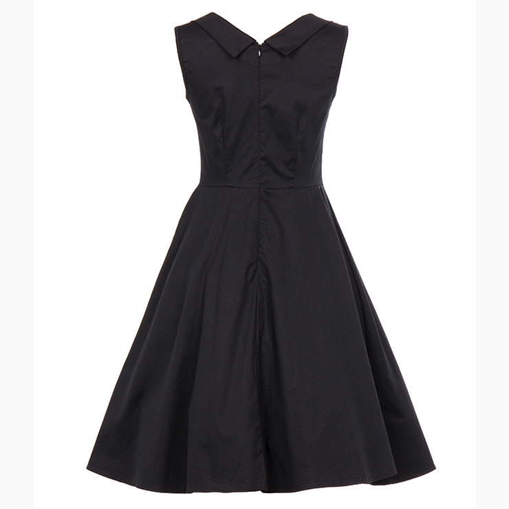 Vintage Women Black Pleated Sweetheart Neckline Sleeveless Midi A-Line ...