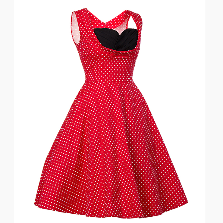 Vintage Red Polka Dot Printed Pleated Sweetheart Neckline Midi Swing ...