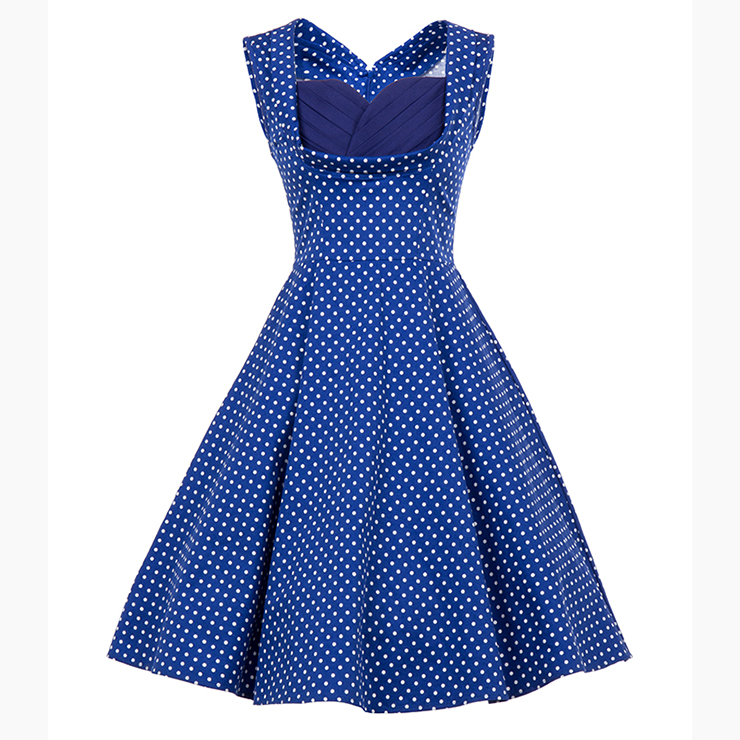 Vintage Blue Polka Dot Printed Pleated Sweetheart Neckline Midi Swing Dress N18133