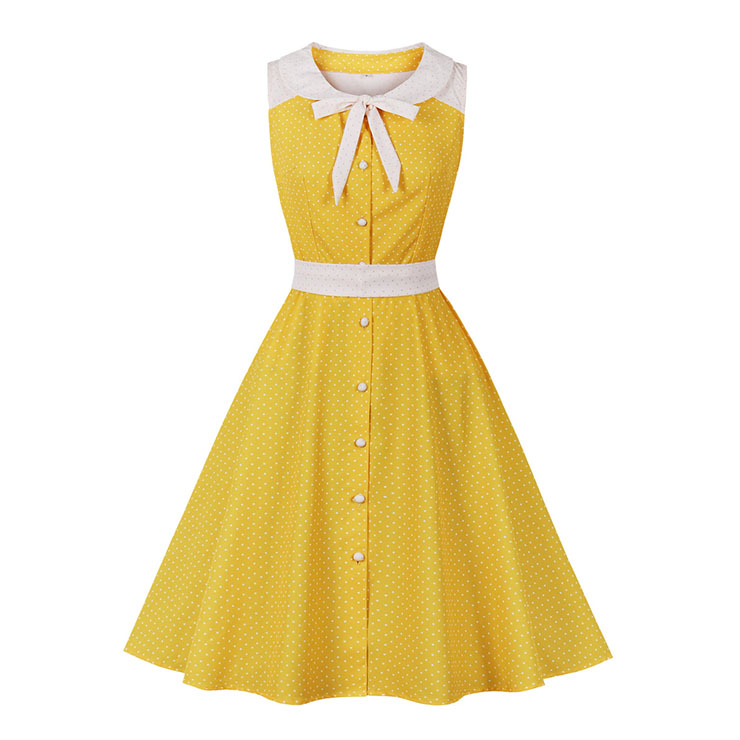 Fashion Polka Dots Tie Collar Sleeveless Front Button High Waist Belted ...