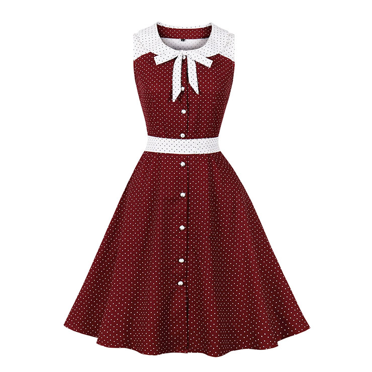Fashion Polka Dots Tie Collar Sleeveless Front Button High Waist Belted Summer Swing Dress N22260
