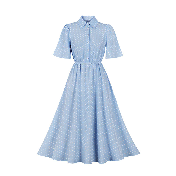 Fashion Polka Dots Lapel Button Bodice Flare Sleeve Summer Daily Casual Swing Dress N22196