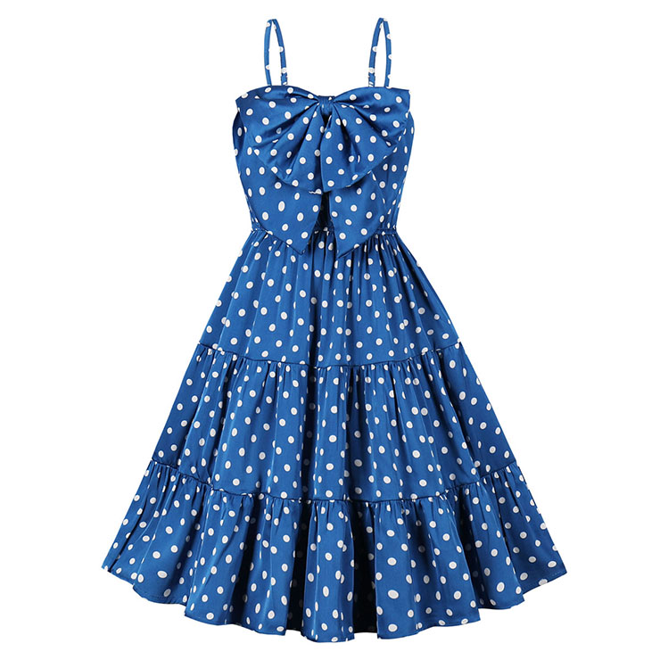 Retro Rockabilly Polka Dots Big Bowknot Spaghetti Straps High Waist Summer Swing Dress N21749