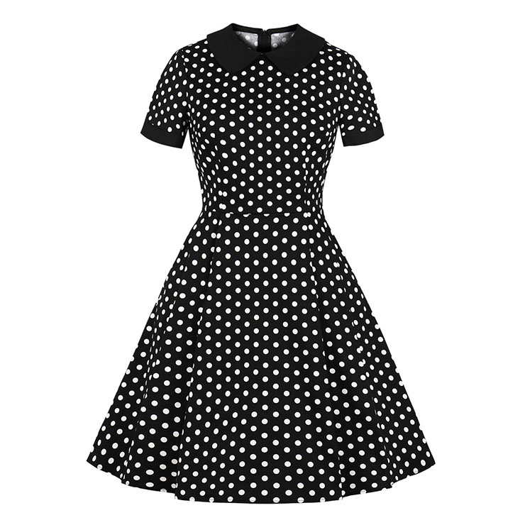 Vintage Black and White Polka Dots Lapel Short Sleeve A-line Swing Dress N18700