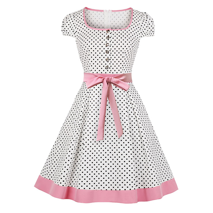Vintage Square Collar Polka Dots Print Bowknot Detail Knee-Length Day Dress N19082