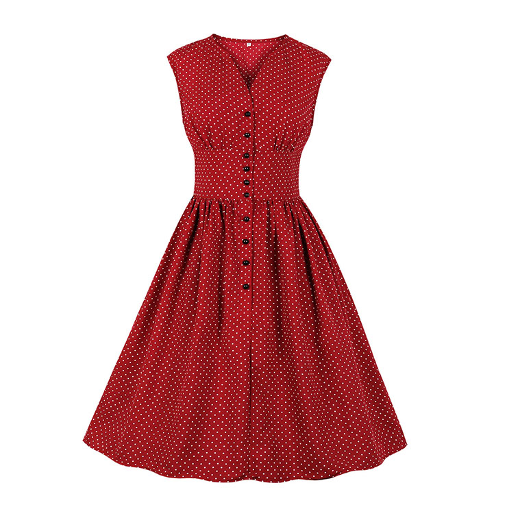 Vintage Rockabilly Polka Dots V Neck Sleeveless High Waist Cocktail Party Swing Dress N19031