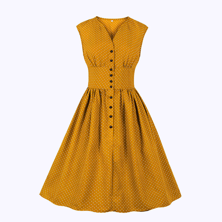 Vintage Rockabilly Polka Dots V Neck Sleeveless High Waist Cocktail Party Swing Dress N19103