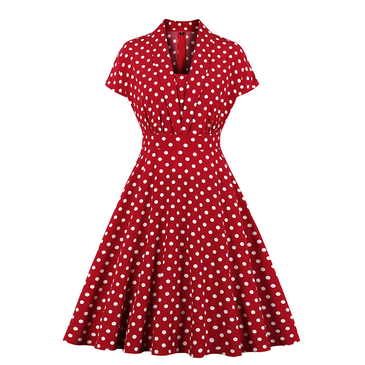 Vintage Red Polka Dots Lapel Short Sleeve Slim Waist A-line Swing Midi Dress N19806