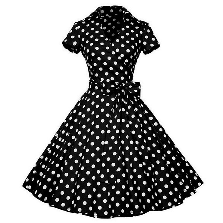 Vintage Polka Dots Print Lapel Short Sleeve High Waist Lace-up A-line Big Swing Midi Dress N20623