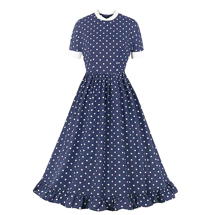 Vintage Polka Dots Print Stand-up Collar Short Sleeve High Waist A-line Swing Ruffle Dress N20980