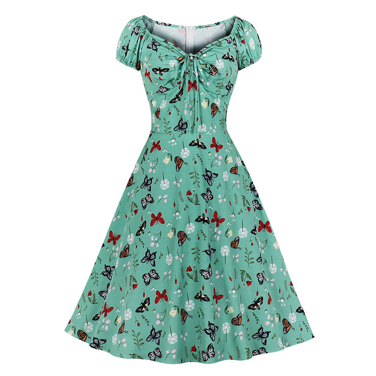 Retro Print Sweetheart Neck Drawstring Lace-up Short Sleeve High Waist Midi Dress N21349