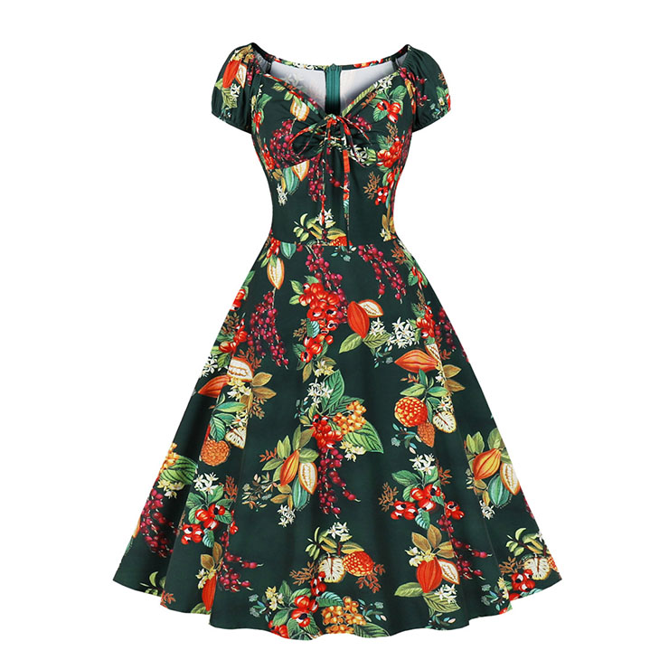 Vintage Floral Print Sweetheart Drawstring Lace-up Short Sleeve High Waist Midi Dress N22204