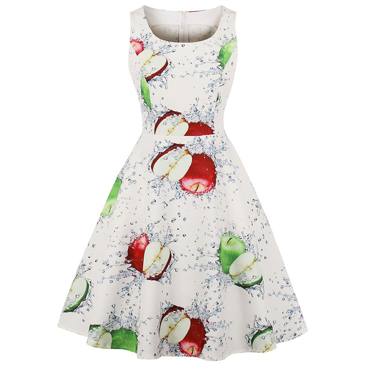 1950's Vintage Bateau Neck Apple Water Print Sleeveless Pinup Day Dress N17227