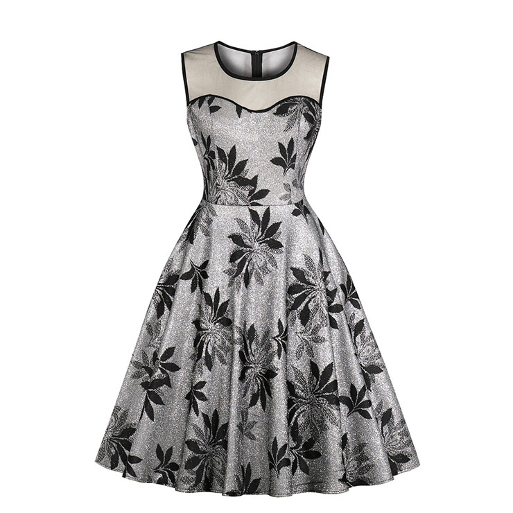 Elegant Silver Floral Pattern See-through Bodice Sleeveless High Waist A-line Dress N18865