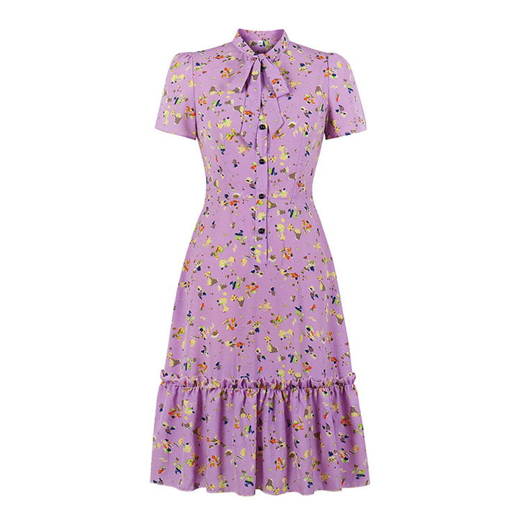 Sexy Purple Bow-knot Tie Collar Short Sleeve Floral Print High Waist Ruffle Midi Dress N20833