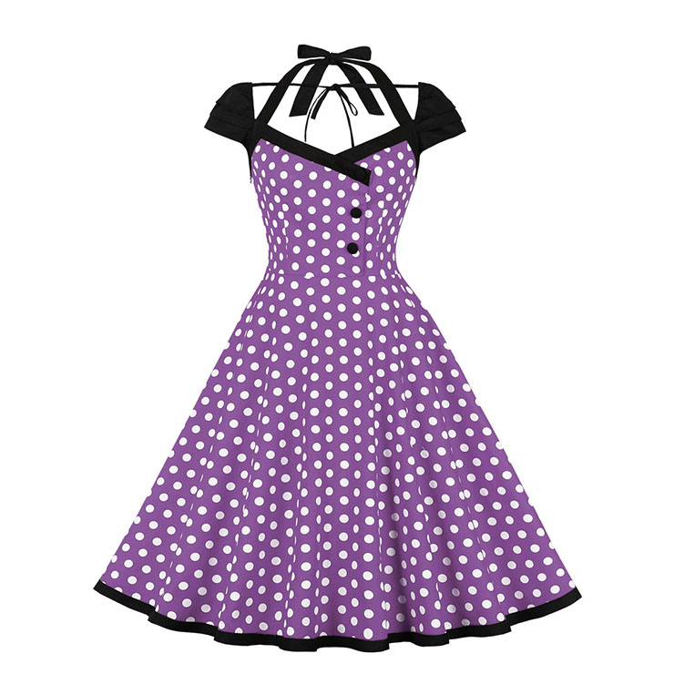 Vintage Purple Sweetheart Round Dot Lace-up Short Sleeve High Waist Midi Dress N22775