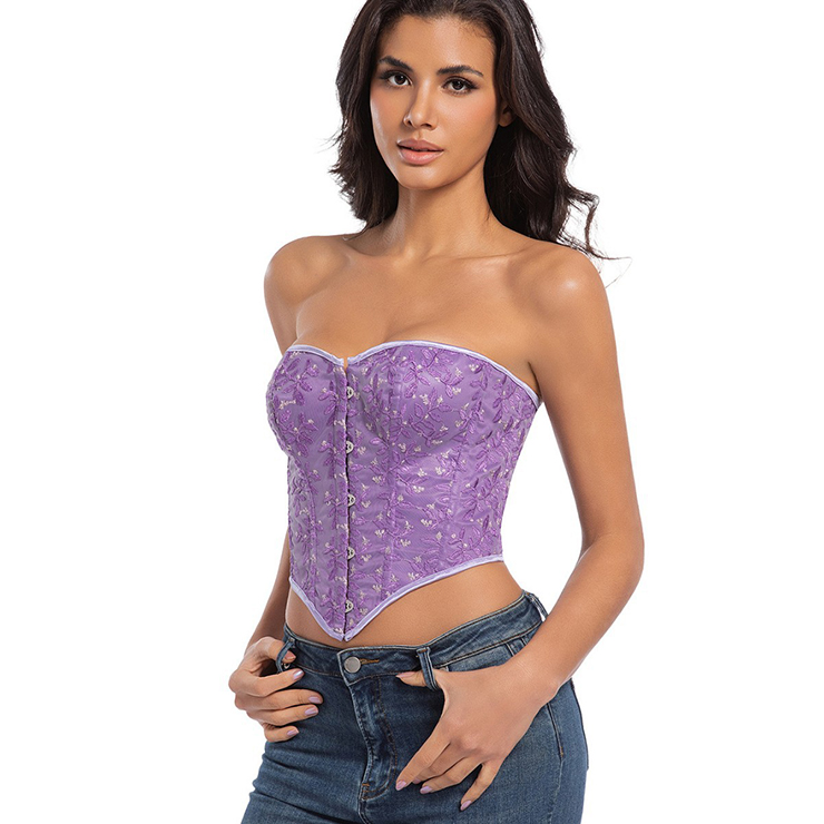 Purple corset, lace bustier, vintage corset top, front button corset, back lace-up, strapless bustier, waist trainer, retro lingerie, lace detail, shaping undergarment, evening wear, layering piece, women