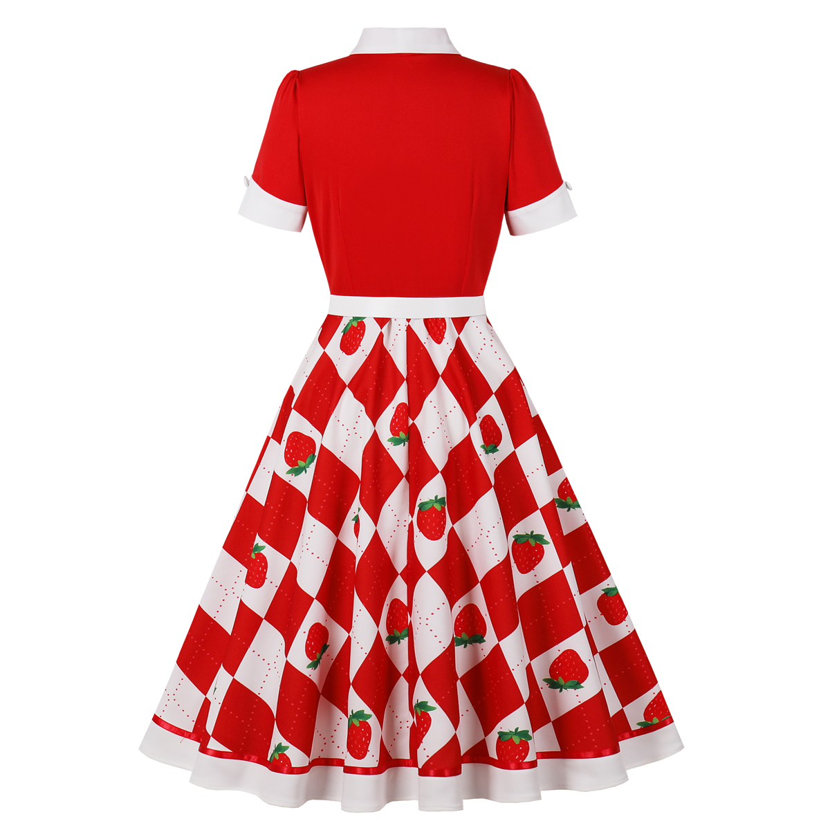 Strawberry print, Polka dot pattern, Red ribbon waist tie, Heart-shaped buttons, Classic collar, Short puffed sleeves, White lace cuffs, Flared A-line skirt, Vintage mini dress, Sweet and playful style #N23825