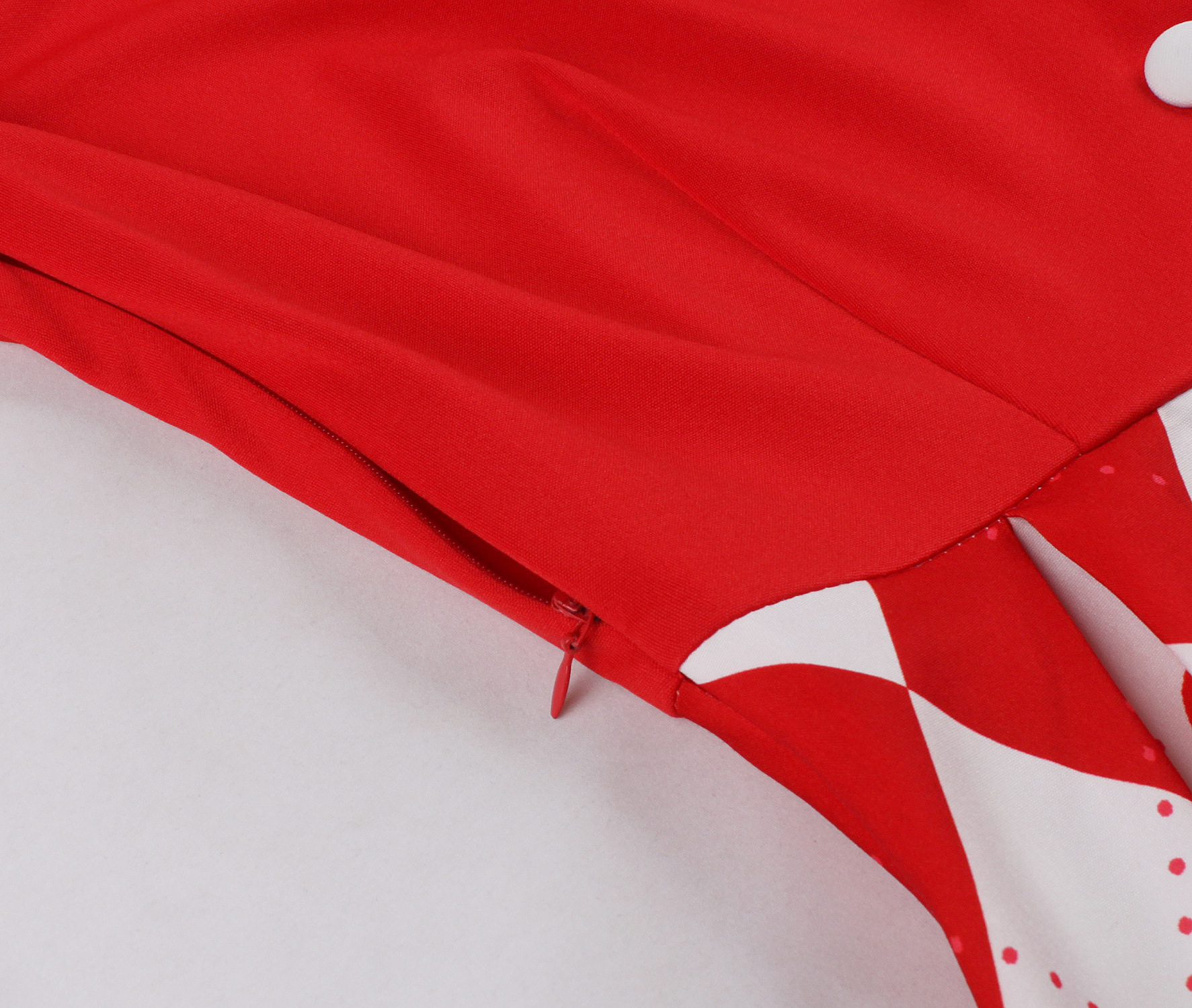 Strawberry print, Polka dot pattern, Red ribbon waist tie, Heart-shaped buttons, Classic collar, Short puffed sleeves, White lace cuffs, Flared A-line skirt, Vintage mini dress, Sweet and playful style #N23825