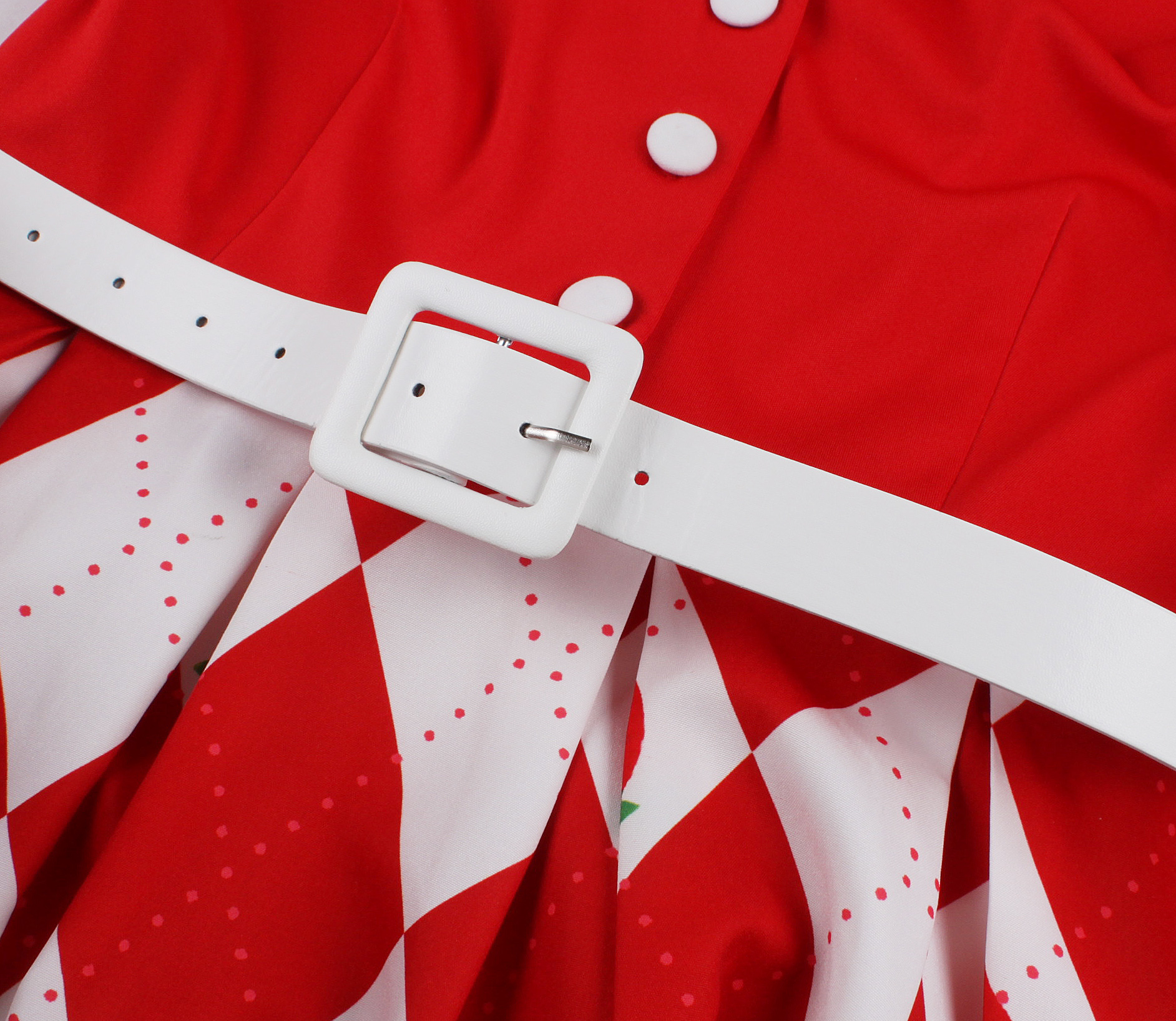Strawberry print, Polka dot pattern, Red ribbon waist tie, Heart-shaped buttons, Classic collar, Short puffed sleeves, White lace cuffs, Flared A-line skirt, Vintage mini dress, Sweet and playful style #N23825