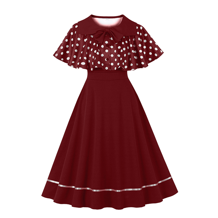 Vintage 2 - Piece Polka Dot & Wine Red Dress Set (Peter Pan Collar Cape + Sleeveless A - line Dress) N23932