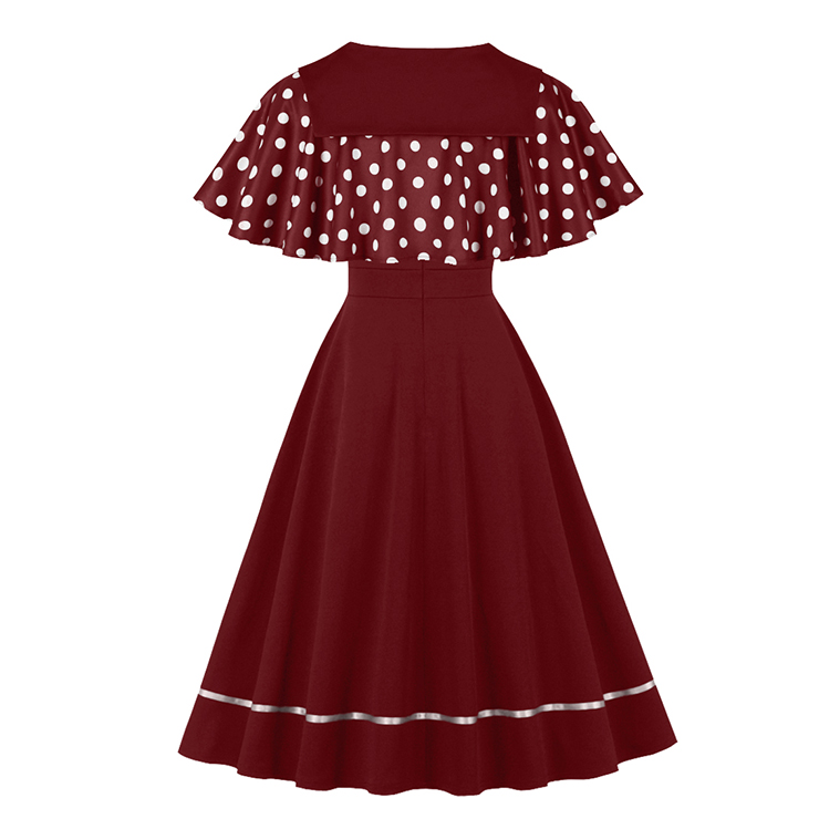 vintage dress set, 2 - piece dress, polka dot cape, Peter Pan collar, wine red dress, sleeveless A - line dress, white polka dot, retro fashion, vintage clothing, party dress, cocktail outfit, elegant dress, coordinated set, bow - tie cape, hem trim dress #N23932