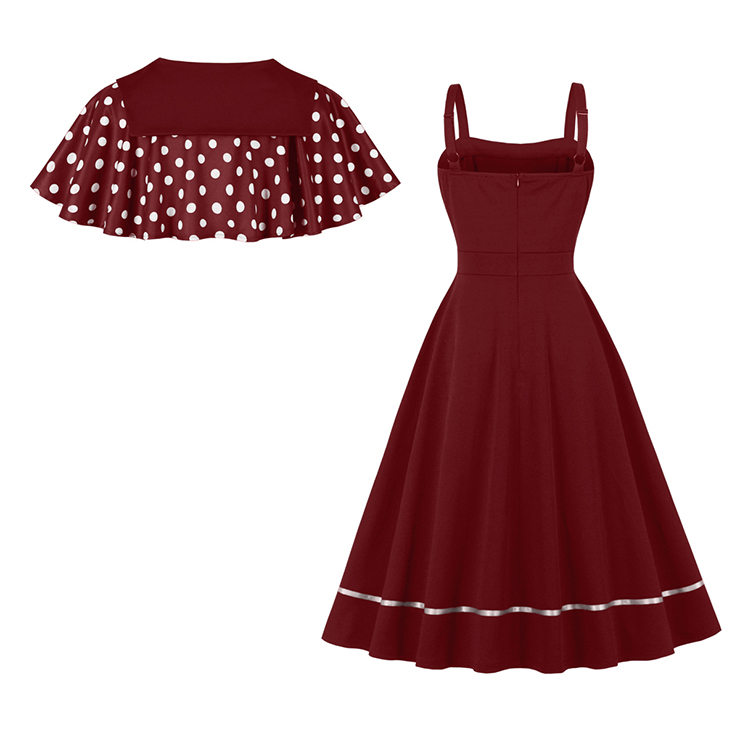 vintage dress set, 2 - piece dress, polka dot cape, Peter Pan collar, wine red dress, sleeveless A - line dress, white polka dot, retro fashion, vintage clothing, party dress, cocktail outfit, elegant dress, coordinated set, bow - tie cape, hem trim dress #N23932