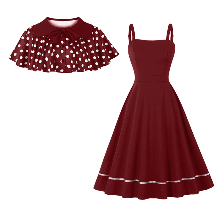 vintage dress set, 2 - piece dress, polka dot cape, Peter Pan collar, wine red dress, sleeveless A - line dress, white polka dot, retro fashion, vintage clothing, party dress, cocktail outfit, elegant dress, coordinated set, bow - tie cape, hem trim dress #N23932