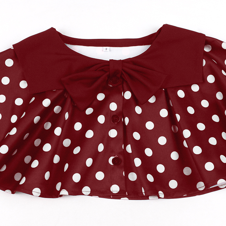 vintage dress set, 2 - piece dress, polka dot cape, Peter Pan collar, wine red dress, sleeveless A - line dress, white polka dot, retro fashion, vintage clothing, party dress, cocktail outfit, elegant dress, coordinated set, bow - tie cape, hem trim dress #N23932