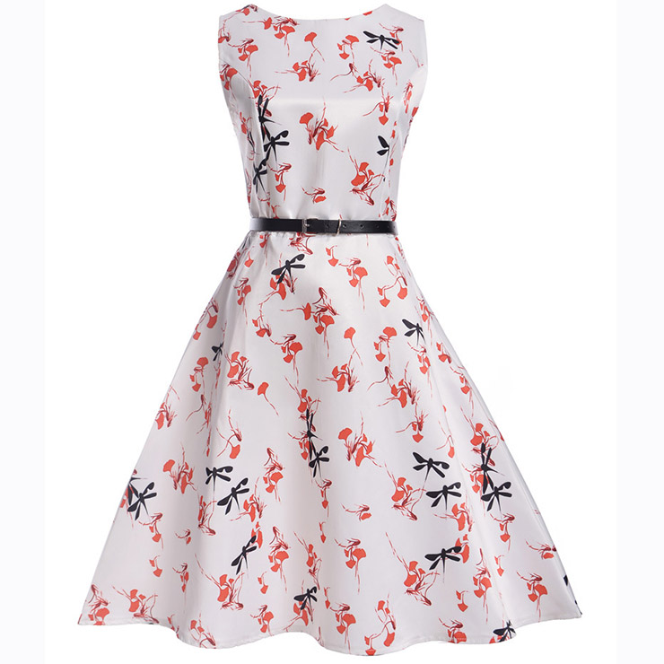 Girl's Vintage Red Leaf Print Sleeveless Round Collar Swing Dress N15475