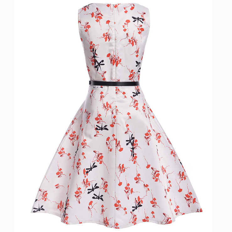 Vintage Dresses for Girls, Floral Print Dress, Sleeveless Dress, Round Collar Dress, Back Zipper Dress, Retro Dresses for Girls, Swing Dress, #N15475
