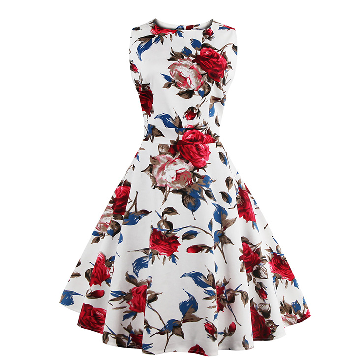 Elegant 1950's Vintage Floral Print Sleeveless Casual Cocktail Party Swing Dress N11519
