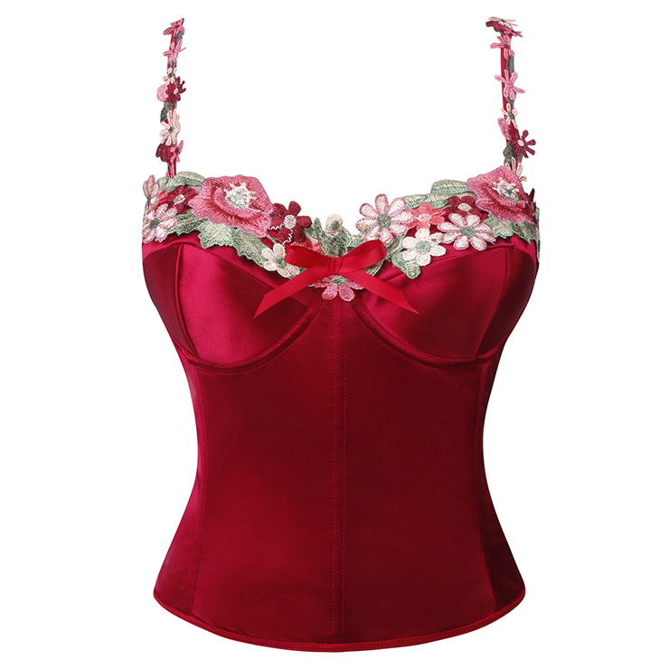 Vintage Red Satin Shapewear - Floral Lace Corset with Adjustable Straps for Elegant Occasions N237824