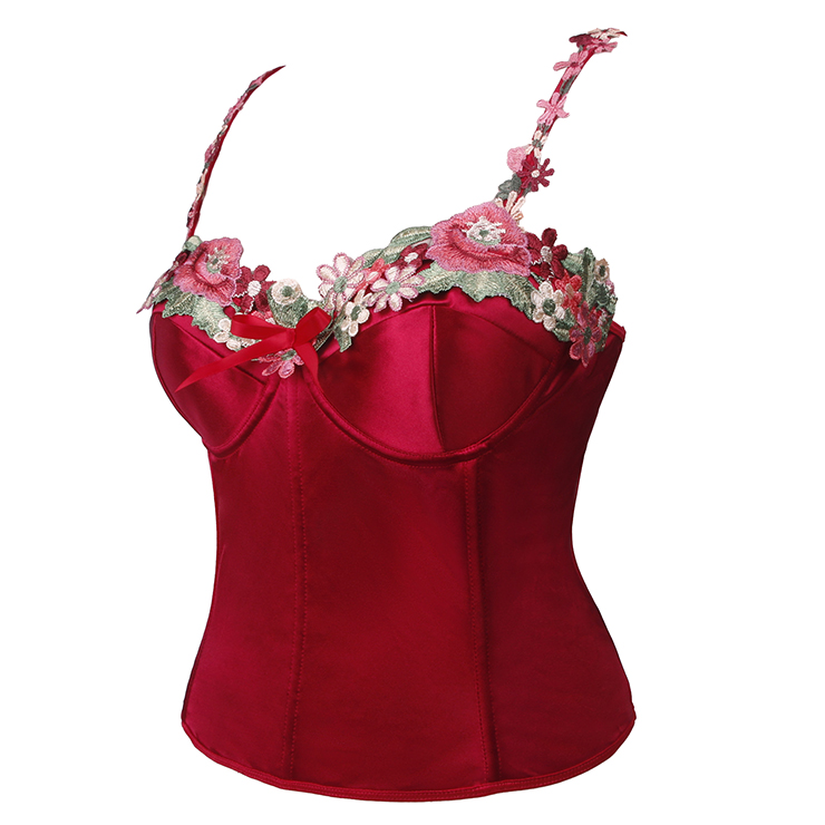 red satin shapewear, vintage corset, floral lace appliqué, adjustable straps, romantic lingerie, Valentine‘s Day gift, wedding shapewear, elegant shapewear, silky elastic fabric, feminine silhouette #N237824