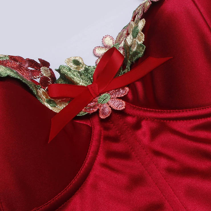 red satin shapewear, vintage corset, floral lace appliqué, adjustable straps, romantic lingerie, Valentine‘s Day gift, wedding shapewear, elegant shapewear, silky elastic fabric, feminine silhouette #N237824