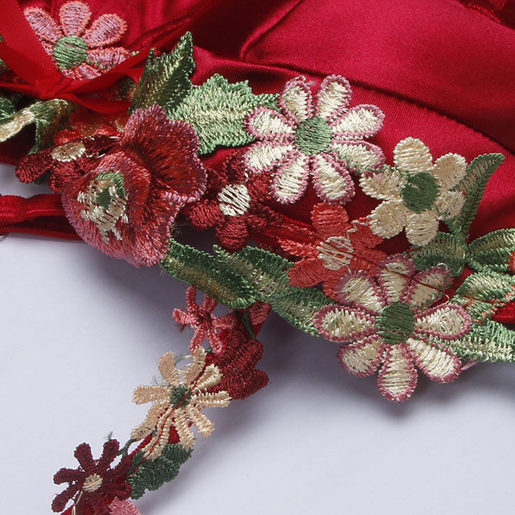 red satin shapewear, vintage corset, floral lace appliqué, adjustable straps, romantic lingerie, Valentine‘s Day gift, wedding shapewear, elegant shapewear, silky elastic fabric, feminine silhouette #N237824