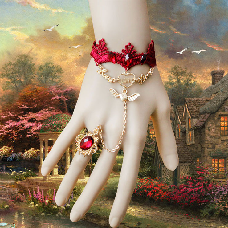 Vintage Red Wristband Golden Heart Embellished Bracelet with Ring J18086