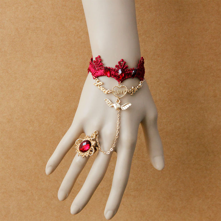 Vintage Bracelet, Retro Golden Heart Bracelet, Cheap Wristband, Gothic Red Bracelet, Victorian Red Lace Bracelet, Retro Red Wristband, Bracelet with Ring, #J18085